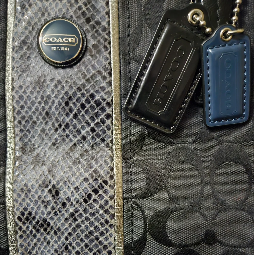 COACH Black Signature Satchel with Snakeskin Accent